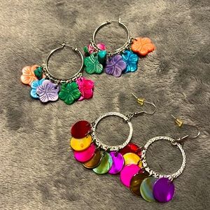 Two sets of colorful bangle earrings